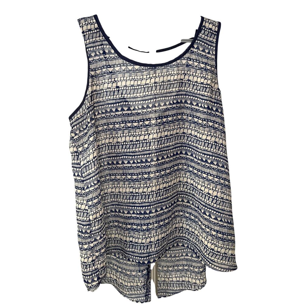 by & by Navy Striped Sheer Tank with bow back Women's Size Large